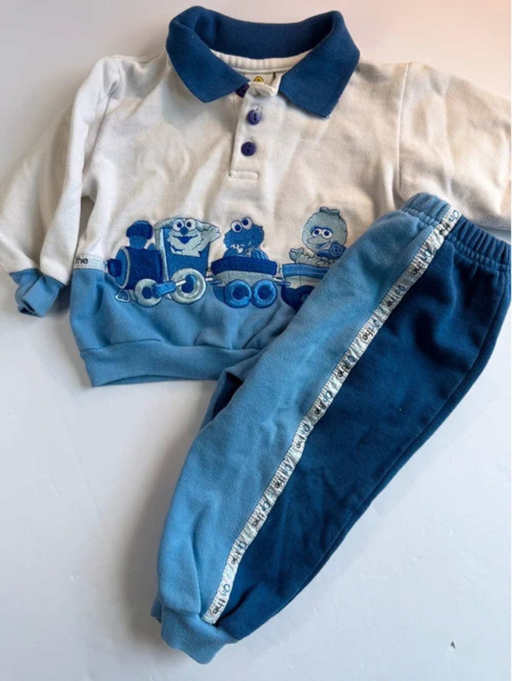 Vintage Sesame Street Boys Embroidered Outfit Top & Pants Set Blue 18M
